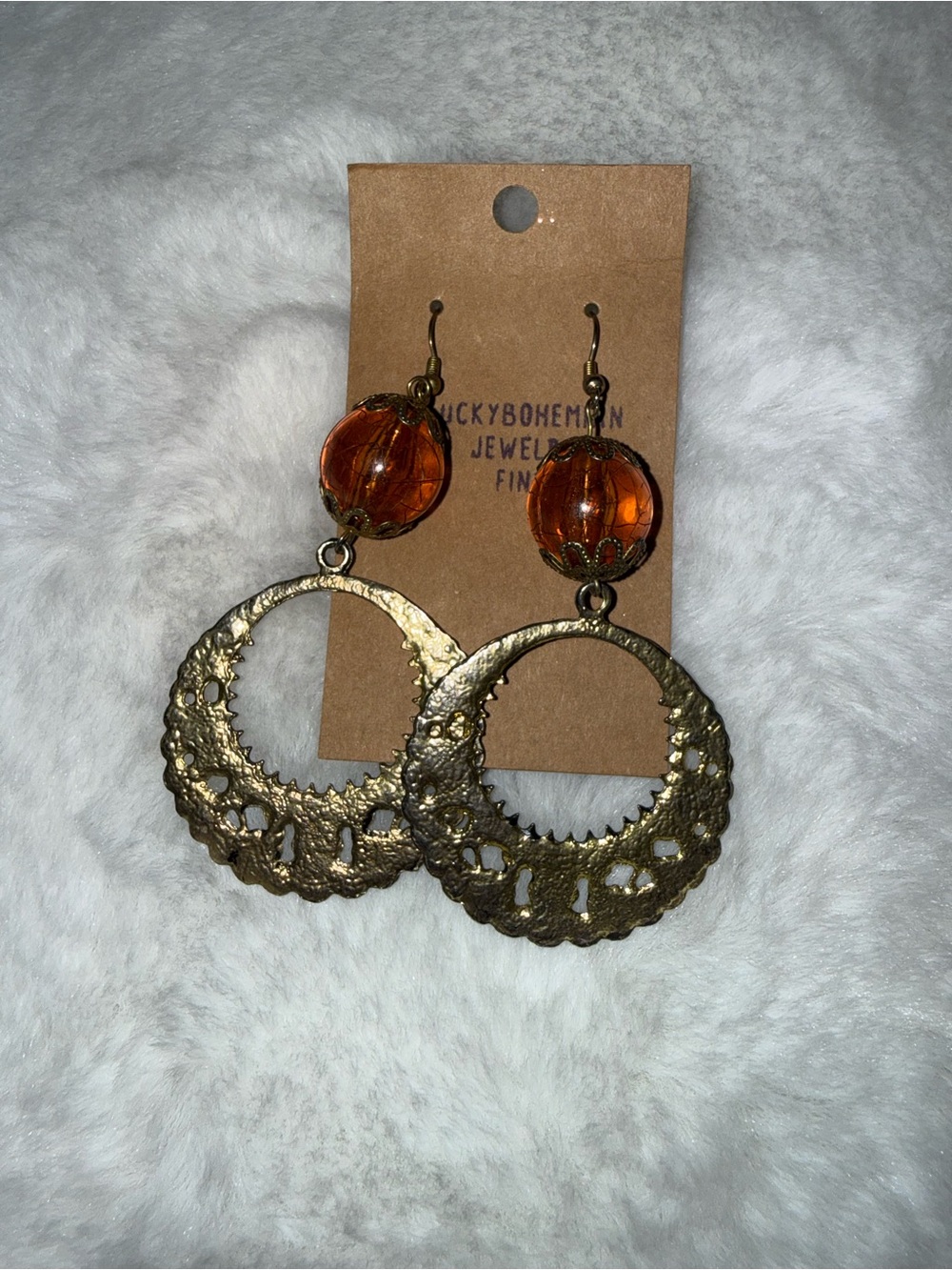 Vintage Gold Hoop Earrings with Amber Beads